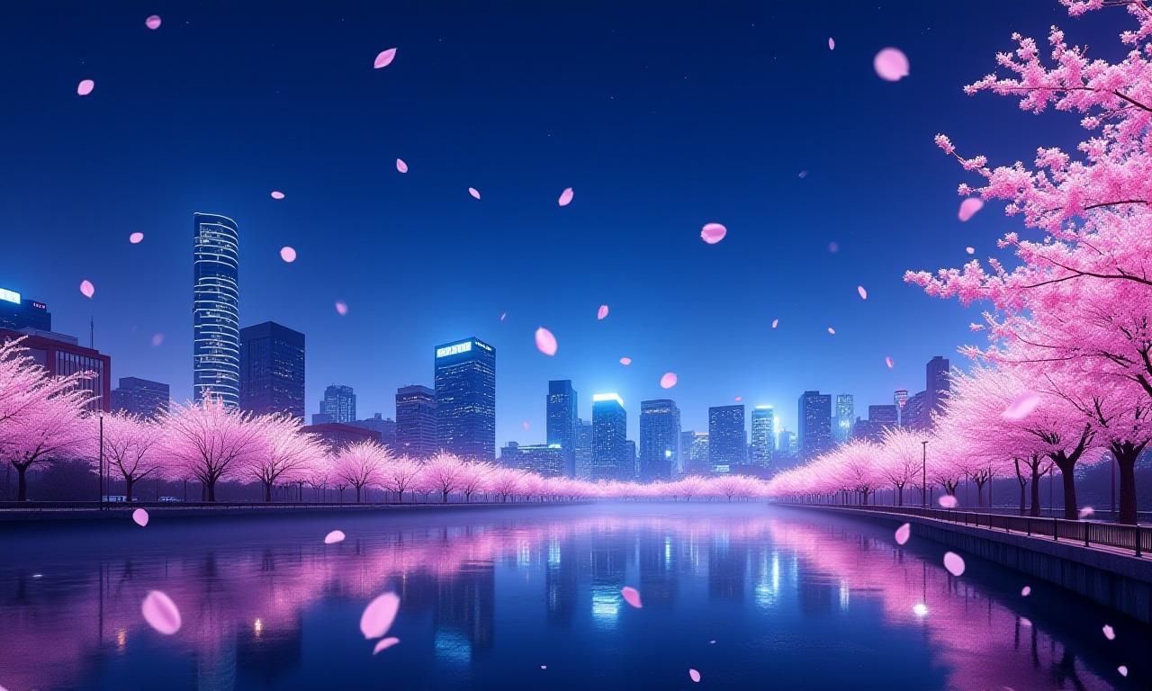 夜の名古屋の街並みと桜の花びら